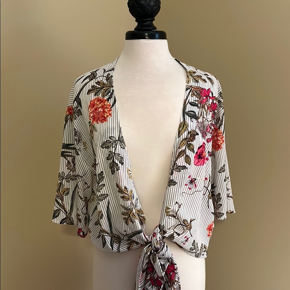 Floral Striped Tie-Front Kimono